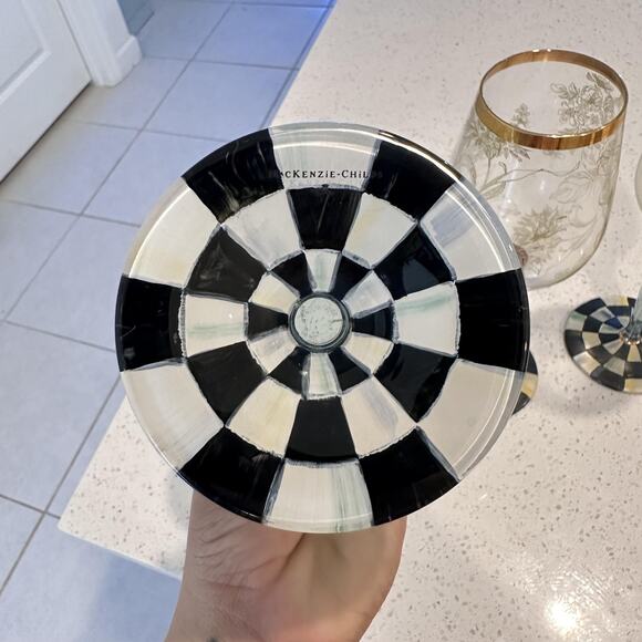 MacKenzie Childs Blooming Wine Glasses Goblet Courtly Check Set Of 3 Designer - Picture 8 of 15